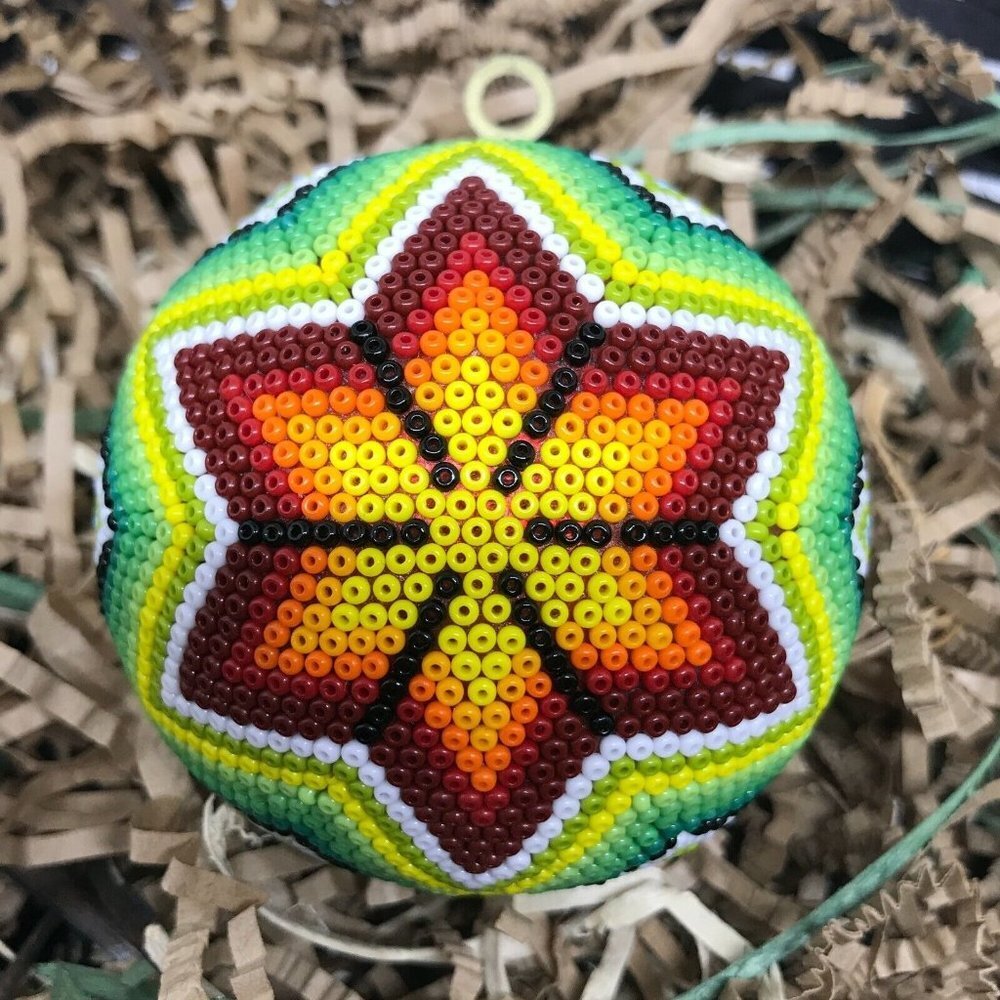 Mexican Huichol Hand Beaded Flower Christmas Sphere Ornament - Set of 6